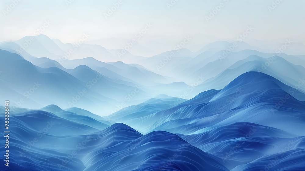 Aerial view of mountain landscape with blue colors, light fog and soft lighting. Copy space for text.