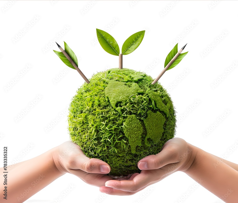 Hands holding a green moss earth with sprouting leaves. Symbolizing eco ...