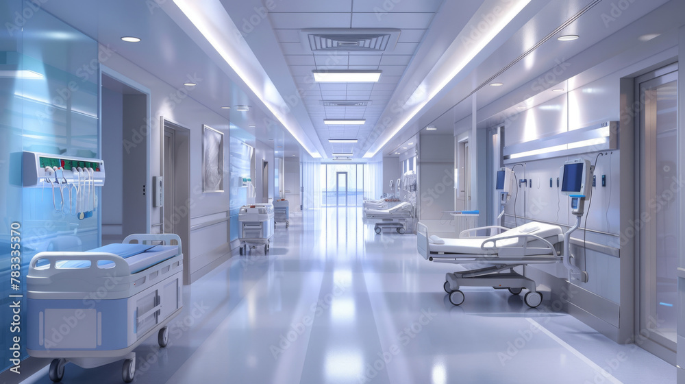 Modern hospital corridor with advanced equipment Modern hospital corridor with advanced equipment