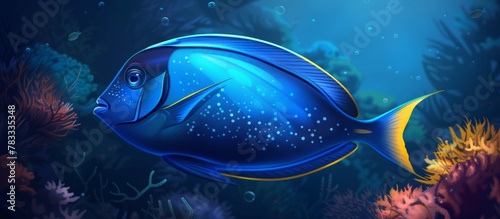 Swimming gracefully in the ocean is a fish with vibrant blue coloration and distinct yellow fins, gliding through the water effortlessly.