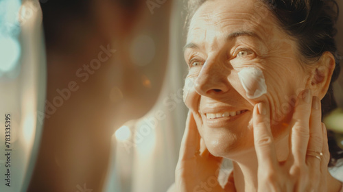 Portrait of an adult elderly woman looks in the mirror, touches her neck, smiles happily, enjoys her appearance, anoints her face, gives a massage. Health, skin care. photo