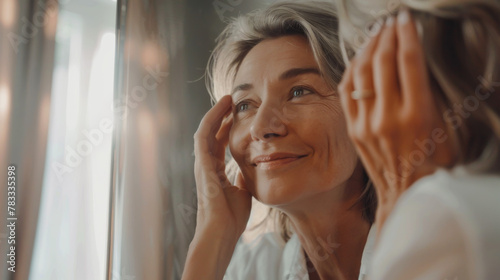 Portrait of an adult elderly woman looks in the mirror, touches her neck, smiles happily, enjoys her appearance, anoints her face, gives a massage. Health, skin care. photo