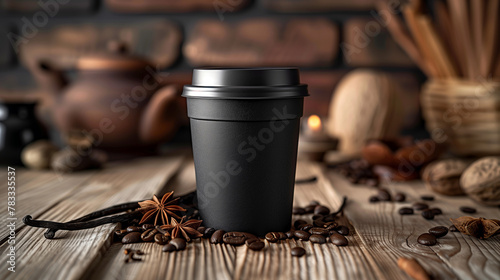 Elegant Black Takeaway Coffee Cup on Wooden Table with Aromatic Accents