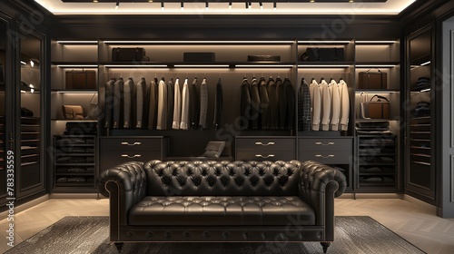 Male wardrobe interior and black sofa at a posh men's clothes store, Generative AI. © mamun