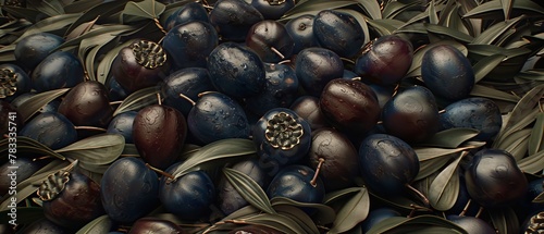   A tight shot of olives with leaves atop and their base displayed below photo