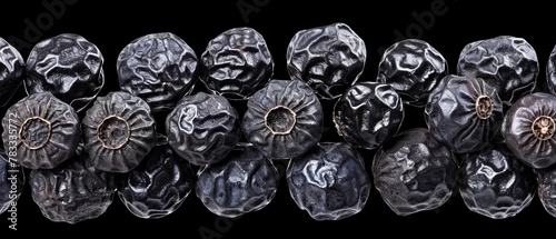  A monochrome image of silver balls assembled on a black backdrop, framed by a golden ring at their center