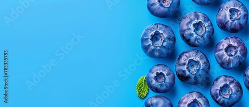   A blueberry cluster with a green leaf above on a blue backdrop - Text space available