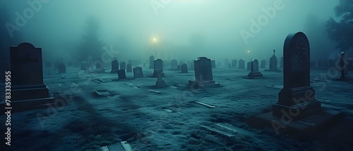 Misty Cemetery Silence: A Minimalist Nocturne. Concept Cemetery Photography, Misty Evening, Minimalist Art, Nocturnal Silence, Eerie Atmosphere photo