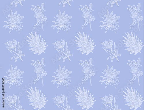 A seamless pattern featuring delicate white line-art of tropical flowers and leaves on a soft blue background, perfect for textiles or wallpapers