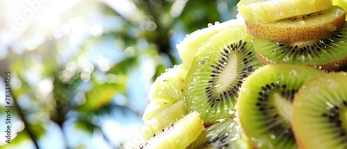   A collection of kiwi fruits, sliced, arranged atop a lush, green tree