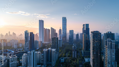 View of modern residential buildings. Cityscape of high-rise buildings in the center of the metropolis. Business district in the center. Concept of architecture, buildings. © Alina Tymofieieva