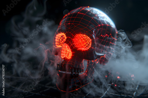 Neon wireframe skull with glowing red eyes floating in misty graveyard isotated on black background.