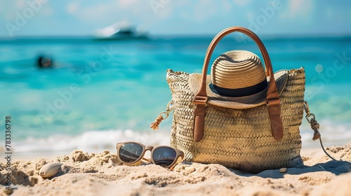 Traw bag, hat, and sunglasses on the beach