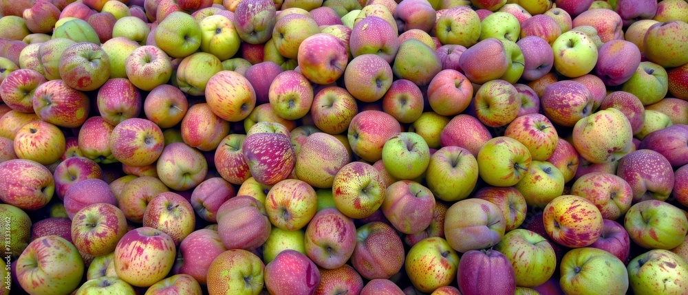 A red-and-green apple pile atop a yellow-and-red apple pile A red-and-green apple pile atop a yellow-and-red apple pile