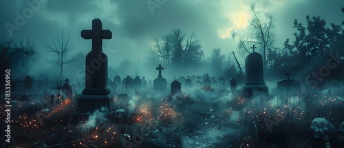 Eerie Twilight Serenity in a Misty Cemetery. Concept Gothic Setting, Moody Atmosphere, Mysterious Shadows, Haunting Silence