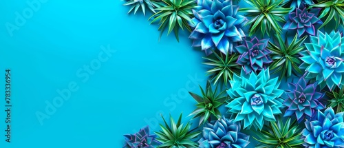   A collection of succulents against a blue backdrop Include area for text or image insertion