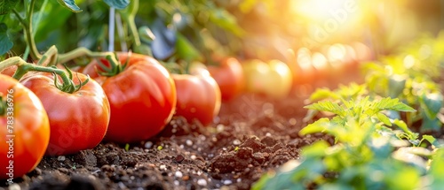   A row of tomatoes grows in a garden Sunlight filters through their leaves  illuminating the fruits and the ground beneath them  situated in the heart of a soil patch