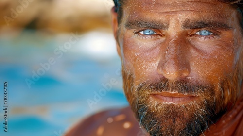  A man with blue eyes is closely photographed, backdrop of him is a body of water, subtly reflecting
