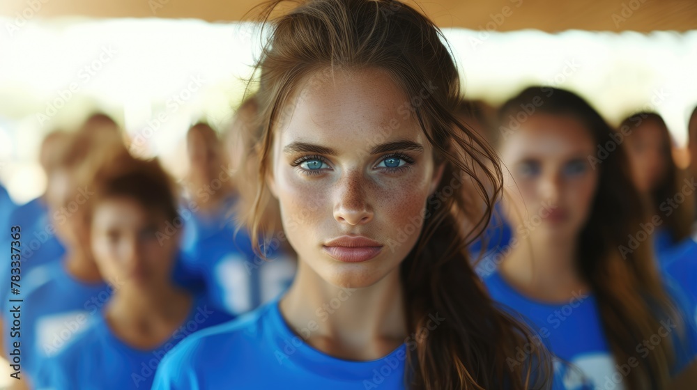 Fototapeta premium Close-up of a young female athlete cheerleaderwith a focused gaze and freckles