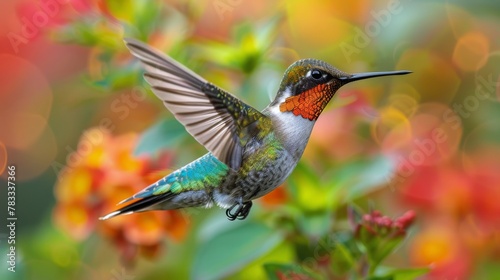 Hummingbird Flying Near Flower