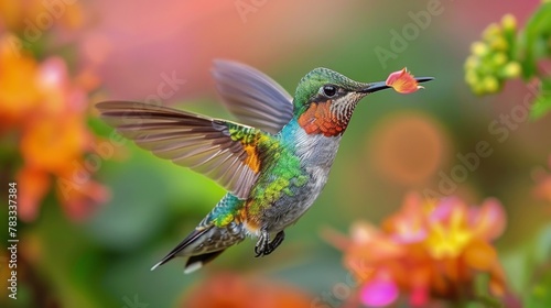 Hummingbird Flying Near Flower © ArtCookStudio