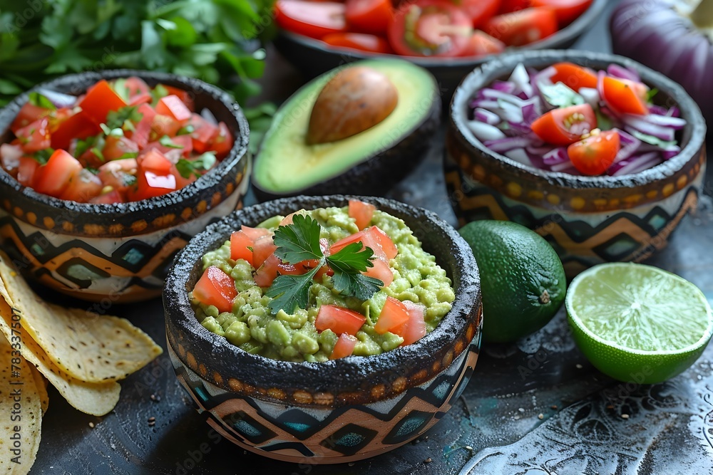 Stylish Geometric Table Setting with Fresh Guacamole & Hummus. Concept Geometric Decor, Stylish Table Setting, Fresh Guacamole, Fresh Hummus Stylish Geometric Table Setting with Fresh Guacamole & Hummus. Concept Geometric Decor, Stylish Table Setting, Fresh Guacamole, Fresh Hummus