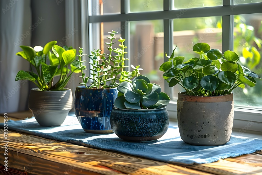 Serenity in Green: Sunlit Potted Plants on Wooden Table. Concept Nature Photography, Indoor Greenery, Sunlit Plants, Wooden Table Decor, Serene Atmosphere