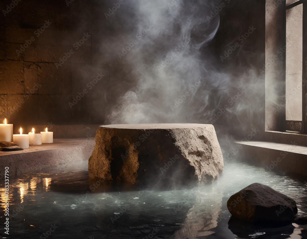 Stone podium, for product presentation,in pool hot water. Steam and candles: relaxation and mystic athmospere. Interior, beauty farm, spa.
