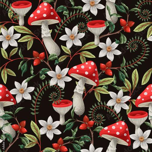 Seamless autumn pattern with mushrooms, fern and berries. Vector.