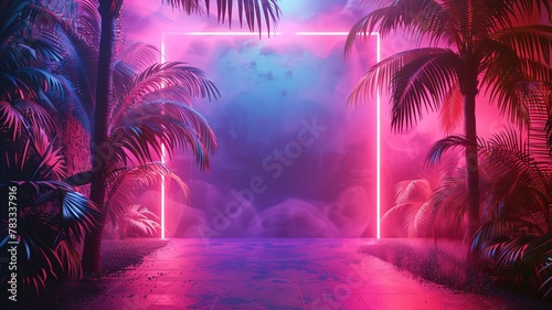 Illustration of a tropical background in neon light in retro style