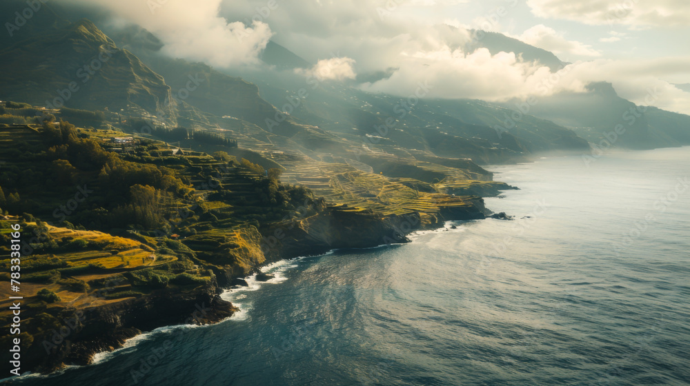 Aerial view of the stunning cliffs and beaches of Madeira Island, Portugal. Natural landscape concept.