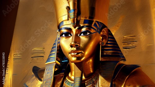 The beautiful Egyptian goddess-pharaoh Tutankhamun sits on a golden throne in the temple of Thebes photo
