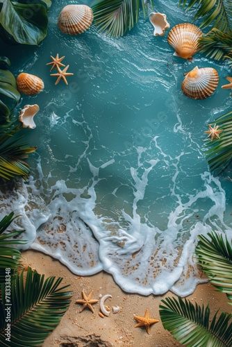 Starfish and Seashells on Blue Background