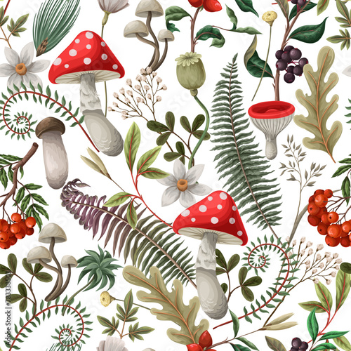 Seamless autumn pattern with mushrooms, fern and berries. Vector.