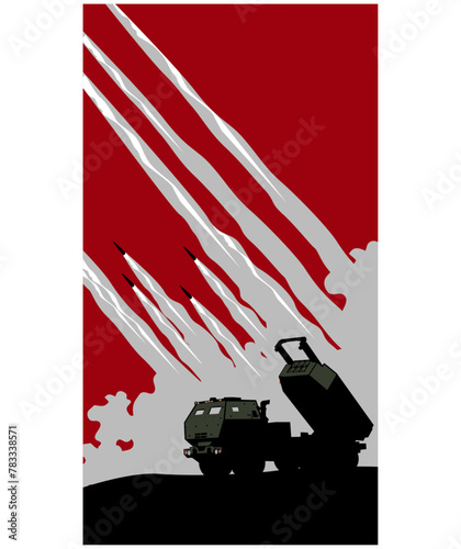 Rocket salvo. M142 HIMARS multiple rocket launcher. Vector image for prints, poster and illustrations. 