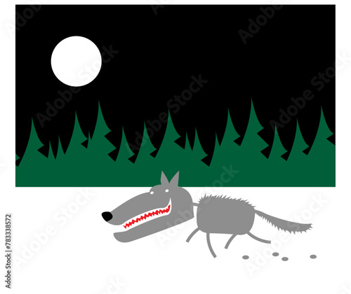 A gray wolf runs through a snow field at the edge of the forest. Cartoon character. Vector image for prints, poster and illustrations. 