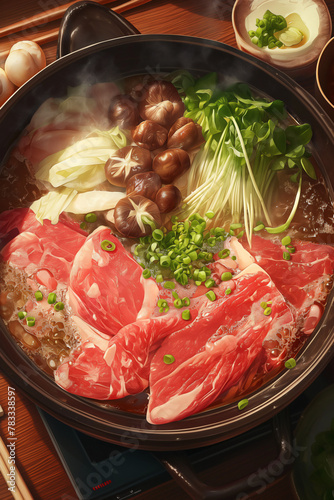 Top-down view of a Wagyu A5 beef nabe in realistic anime style Black nabe pot, wooden table, dark brown broth,