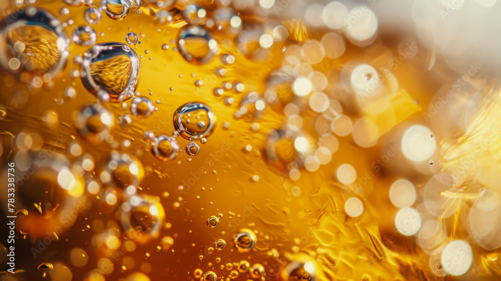 Close-up of beer bubbles in a transparent glass. Beer. Refreshing cold alcoholic drink with bubbles and foam. Drinks concept.