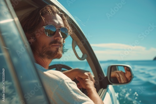 View from behind of a man driving a chic convertible along the seaside with a breathtaking ocean view
