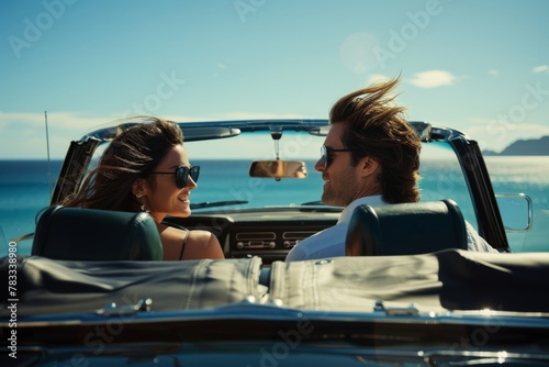 A young couple enjoys a sunny drive in a convertible with a sea view ahead photo