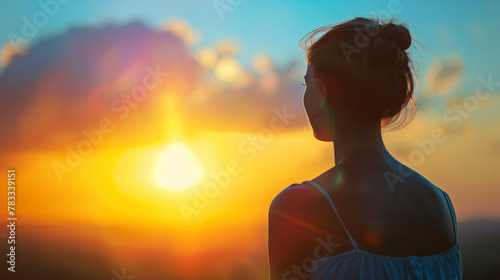 Radiant Reflections: A Woman's Sunrise Reverie. Generative AI photo