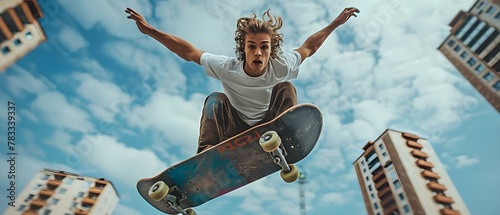 Urban Acrobat: High-Flying Skateboard Stunt. Concept Skateboarding, Acrobatics, Urban Sports, Extreme Stunts, High-Flying Tricks