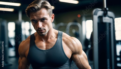Focused Male Bodybuilder in a Gym Setting