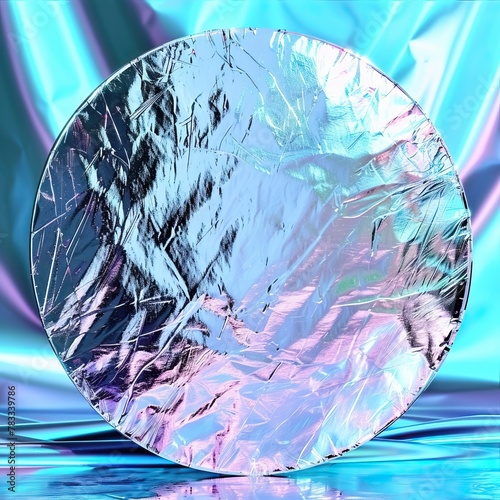 A circular iridescent surface sits on a reflective surface. photo