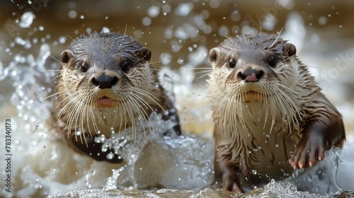 Two Wet Otters Playing in the Water © ArtCookStudio