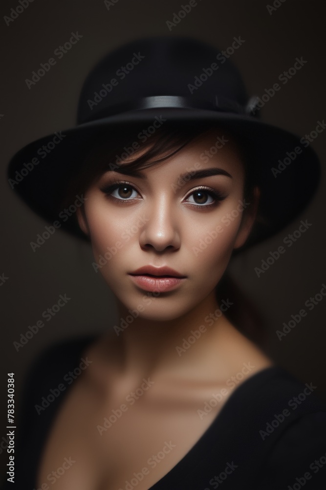 Dramatic portrait of a young woman in black hat against dark background. Soft lighting emphasizes facial features. Professional makeup and moody atmosphere create elegant look. Dramatic portrait of a young woman in black hat against dark background. Soft lighting emphasizes facial features. Professional makeup and moody atmosphere create elegant look.