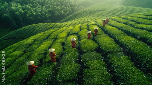 Workers in traditional conical hats harvest tea leaves in the lush fields of a hillside plantation at dawn's early light...