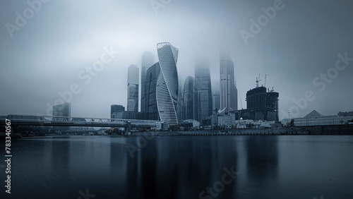Moscow  Russia - November 3  2020  Heights in the fog. Buildings of the business center Moscow City in a cityscape.