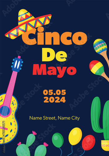 Cinco De Mayo announcing poster template. Guitar, maracas, cactus, sombrero Vector illustration