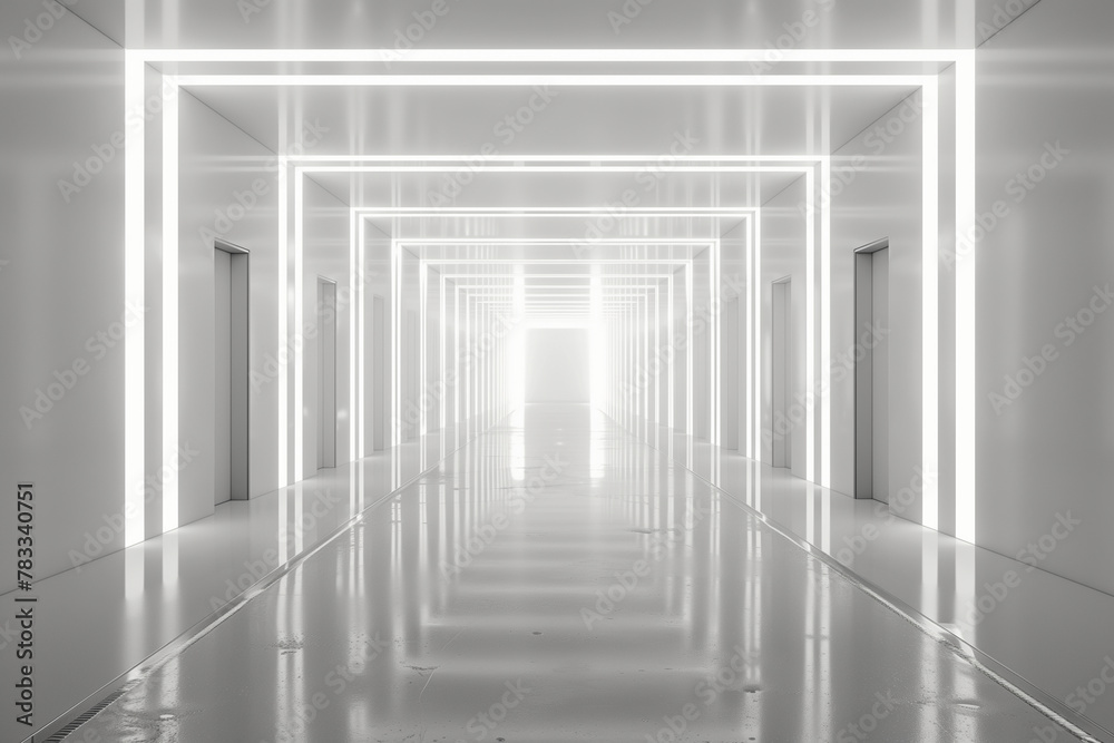 Fototapeta premium 3d render of white sterile hallway, deep perspective, futuristic structure (2)